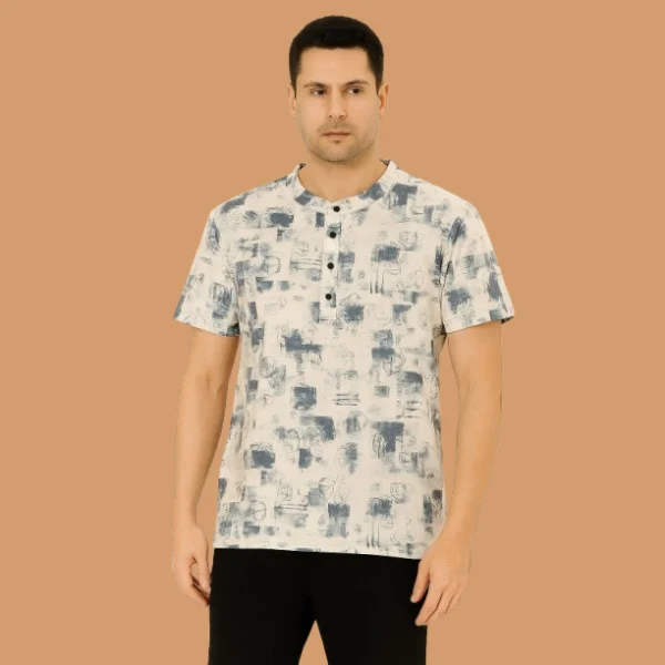 Henley Blue Abstract Printed T-shirt